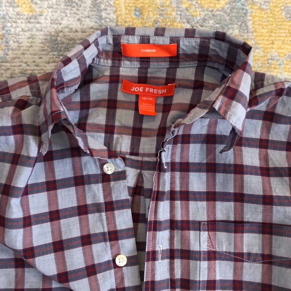 Joe Fresh Plaid Dress Shirt Button Up Extra Small Grey Gray Red EUC